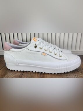 Keds White Leather Platform Sneaker with Pink Accents
